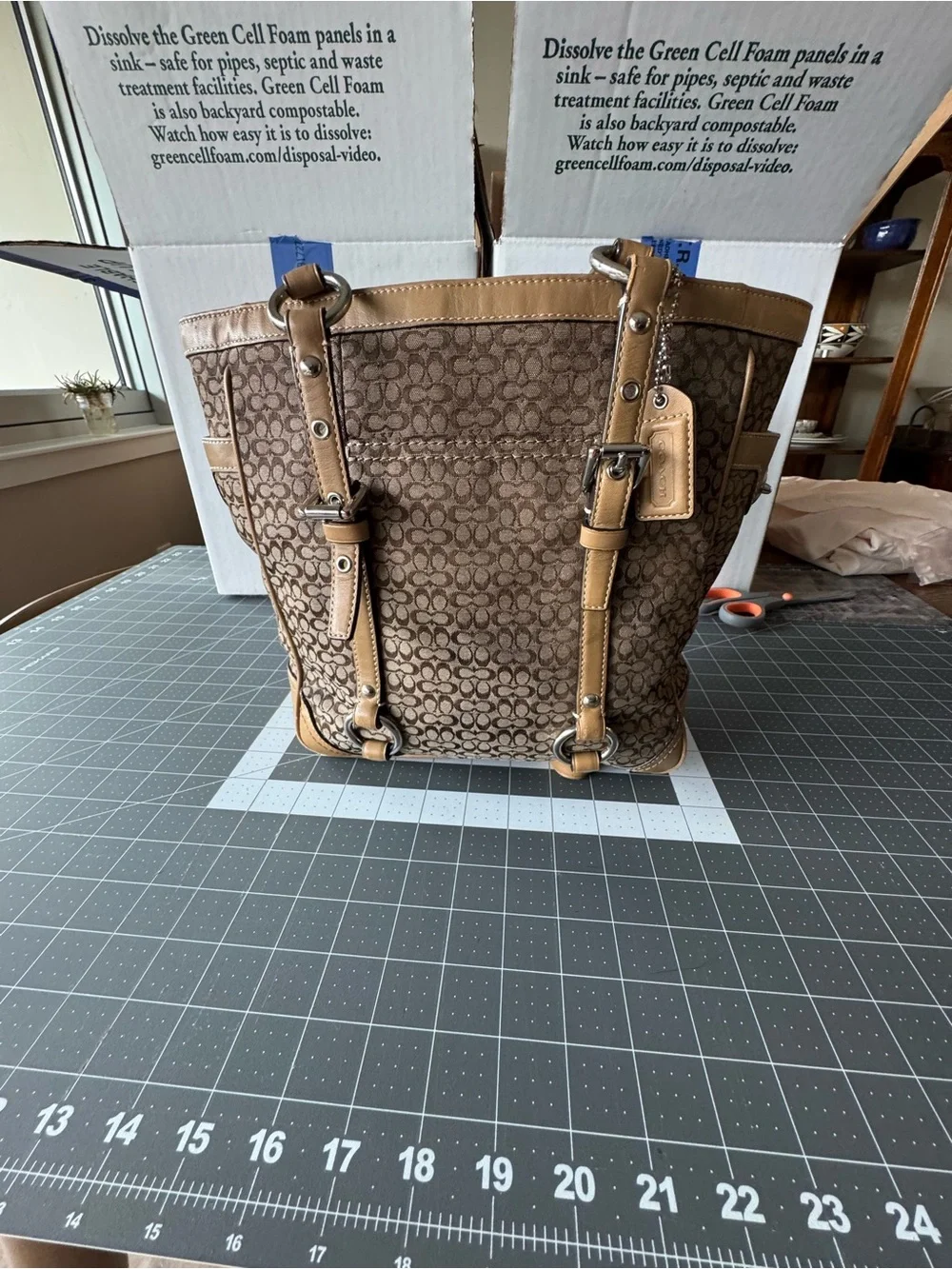 Coach Brown Signature Canvas Tote with Tan Leather Trim - Picture 2 of 16
